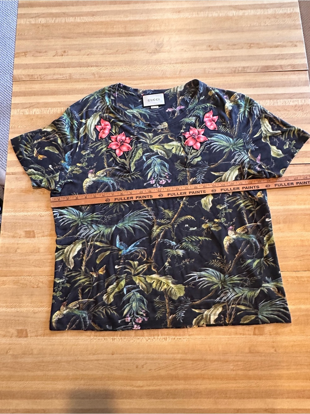 Gucci Black Tropical Floral Short Sleeve Shirt with Pink Flowers